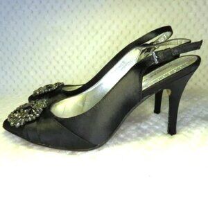 Adrienne Vittadini Black Satin Rhinestone Brooch Slingback Heels Size 7M
